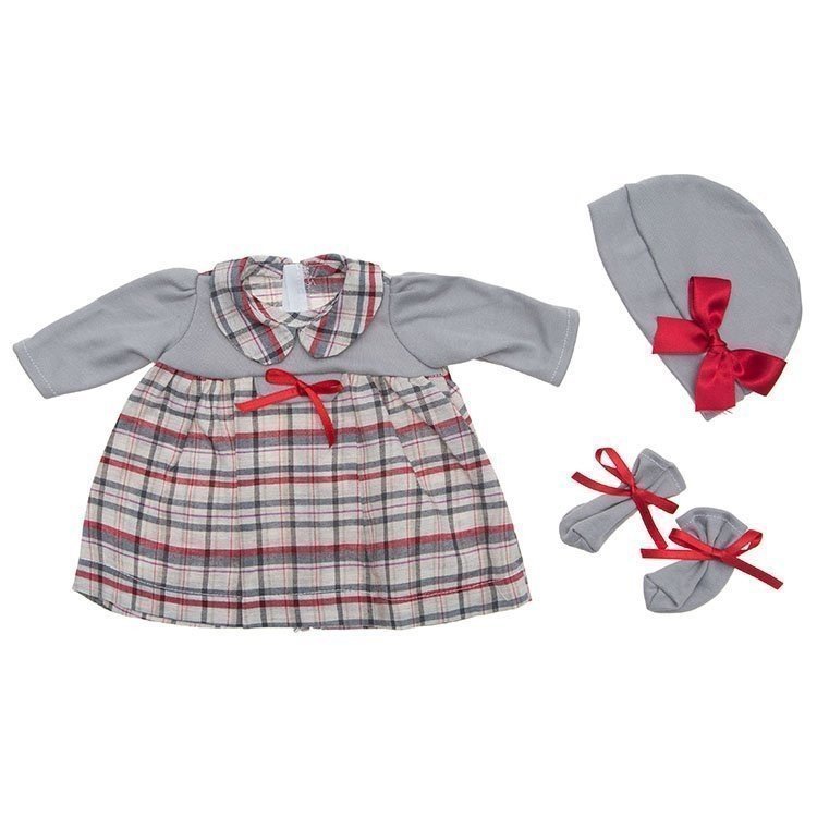 Outfit for Así doll 46 cm - Red and grey Scotch dress with hat and booties for Leo