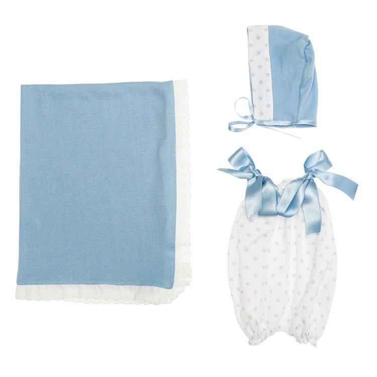 Outfit for Así doll - White rompers with light blue stars, hat and blanket for Pablo doll 43 cm
