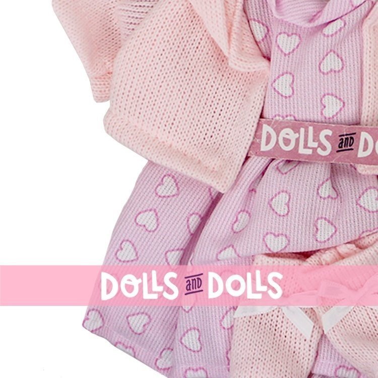Clothes for Llorens dolls 33 cm - Hearts printed outfit with pink jacket and booties