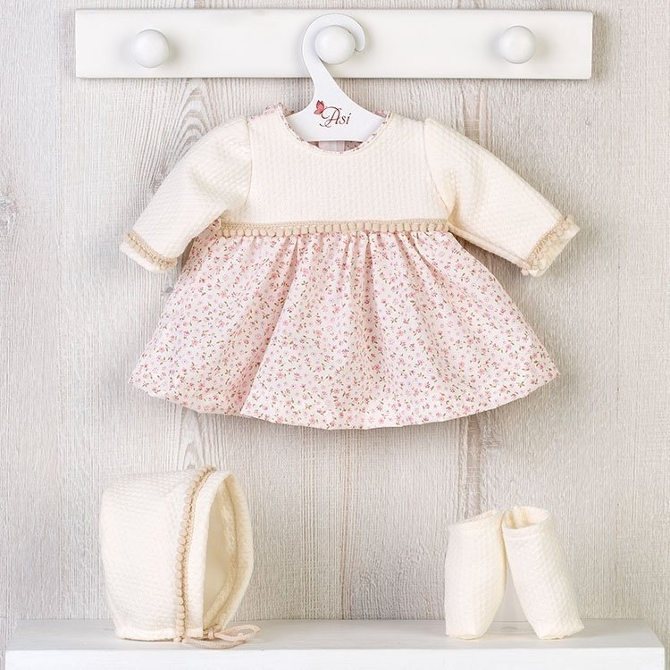 Outfit for Así doll 43 cm - Pink flower printed beige dress with hat and booties for María