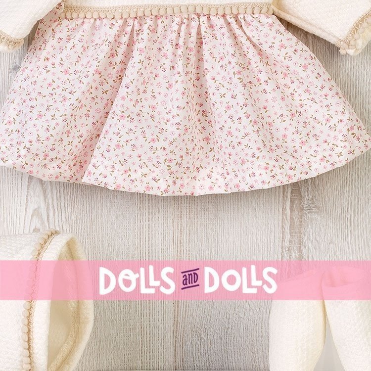Outfit for Así doll 43 cm - Pink flower printed beige dress with hat and booties for María