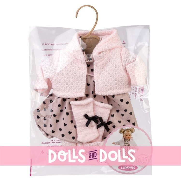 Clothes for Llorens dolls 33 cm - Black hearts dress with pink jacket and pink socks with a black bow