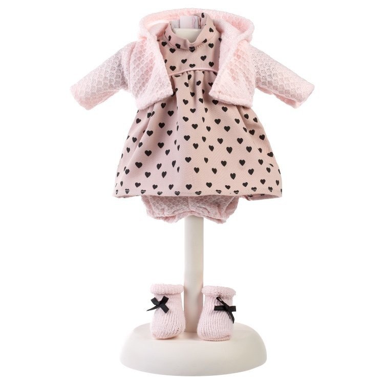 Clothes for Llorens dolls 33 cm - Black hearts dress with pink jacket and pink socks with a black bow