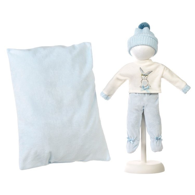 Clothes for Llorens dolls 35 cm - Blue bunny print sweater, pants, beanie and pillow