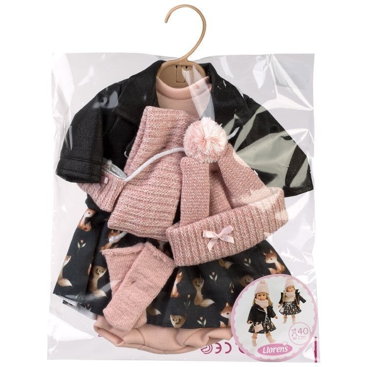 Clothes for Llorens dolls 40 cm - Black fox dress with pink scarf, bag and socks