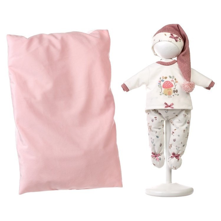 Clothes for Llorens dolls 40 cm - Pink cushion bed, two-piece mushroom print pajamas and sleep cap