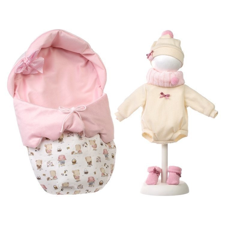 Clothes for Llorens dolls 40 cm - Pink baby carrier bag with teddy bear pattern, romper suit, scarf, hat and booties