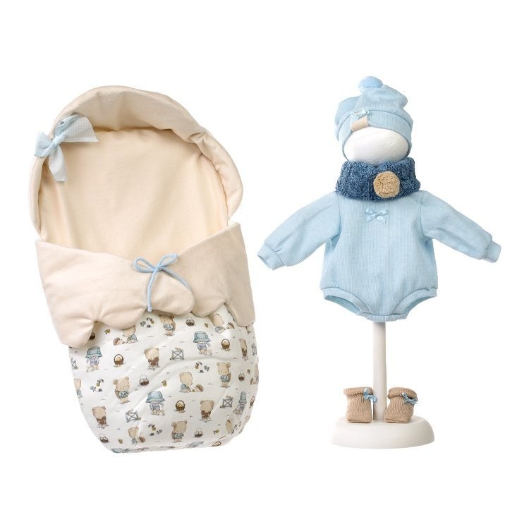 Clothes for Llorens dolls 40 cm - Beige baby carrier bag with teddy bear pattern, romper, scarf, hat and bootees