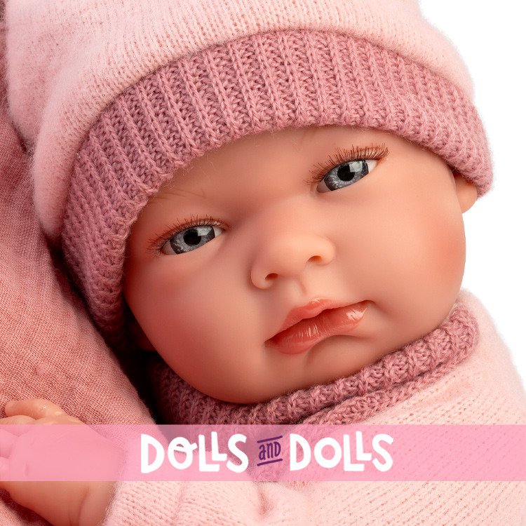 Llorens doll 40 cm - Nica Newborn with two-pointed beanie and pink cushion