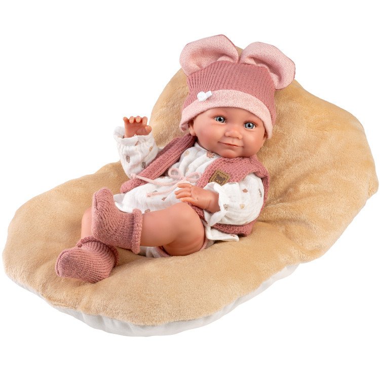 Llorens doll 40 cm - Nica Newborn with eared hat and brown cushion