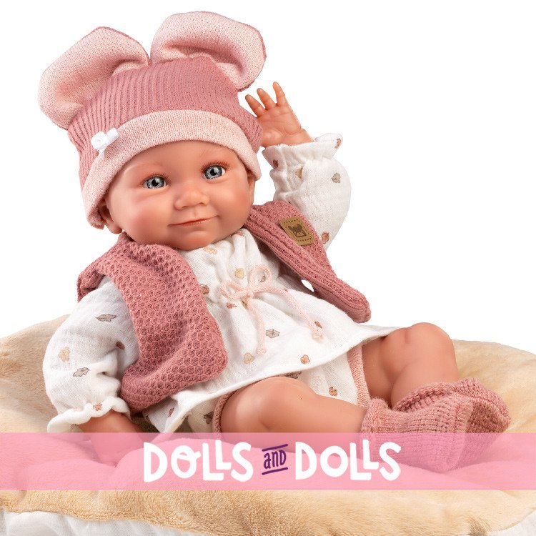 Llorens doll 40 cm - Nica Newborn with eared hat and brown cushion