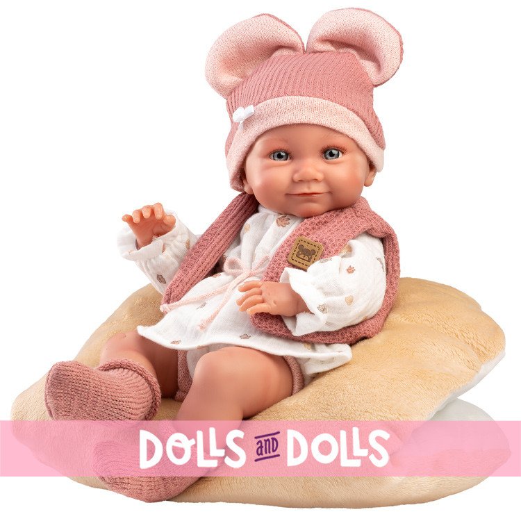 Llorens doll 40 cm - Nica Newborn with eared hat and brown cushion