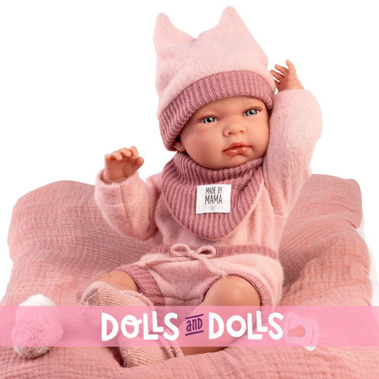 Llorens doll 40 cm - Nica Newborn with two-pointed beanie and pink cushion