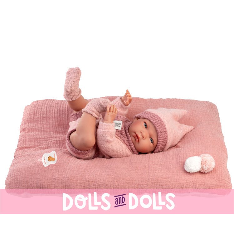 Llorens doll 40 cm - Nica Newborn with two-pointed beanie and pink cushion