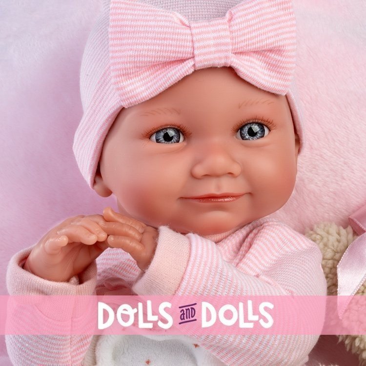Llorens doll 40 cm - Nica Newborn with pink cushion with teddy bear