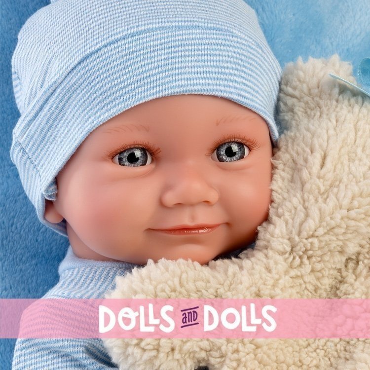 Llorens doll 40 cm - Nico Newborn with light blue cushion with teddy bear
