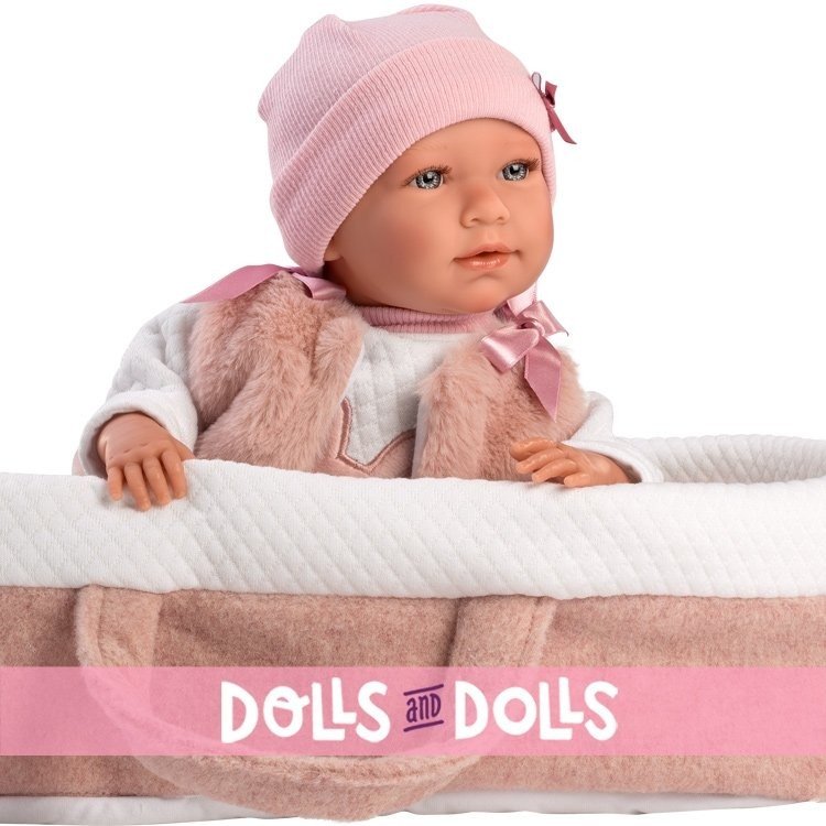 Llorens doll 40 cm - Crying Mimi newborn with pink carrycot