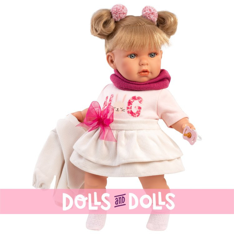 Llorens doll 42 cm - Crying Julia wearing a white outfit and a fuchsia scarf