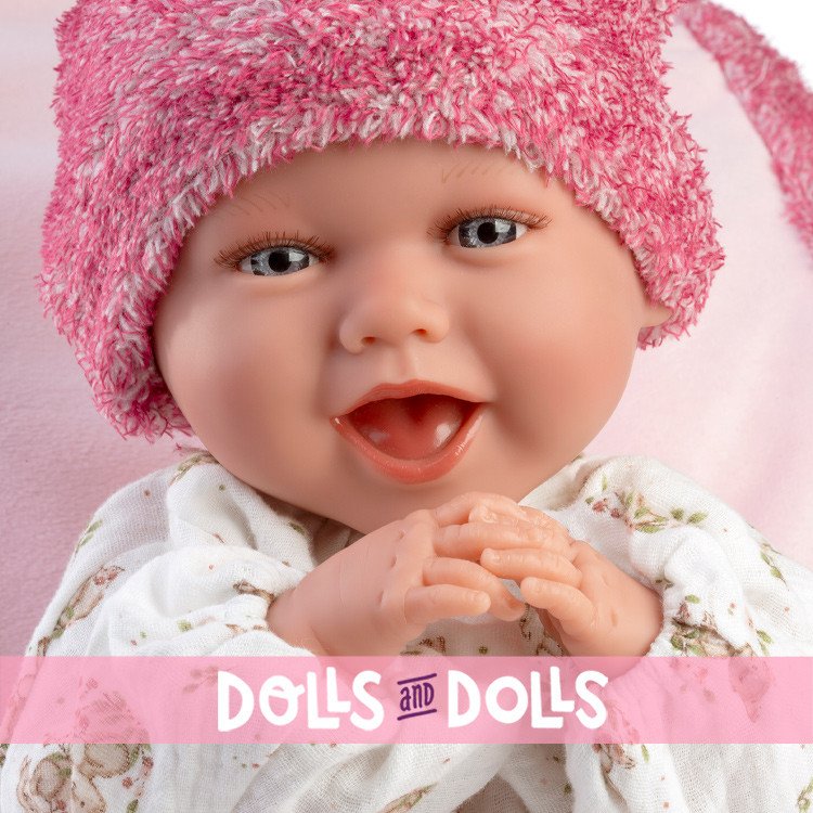 Llorens doll 42 cm - Newborn Mimi smiles with pink-fuchsia cushion