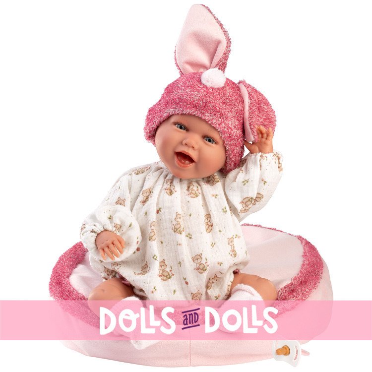Llorens doll 42 cm - Newborn Mimi smiles with pink-fuchsia cushion