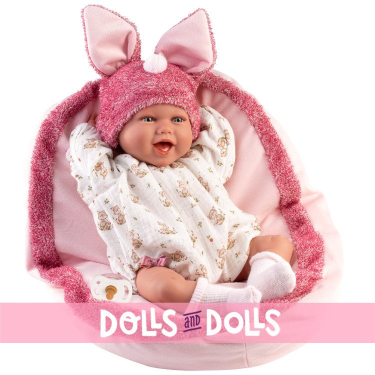 Llorens doll 42 cm - Newborn Mimi smiles with pink-fuchsia cushion