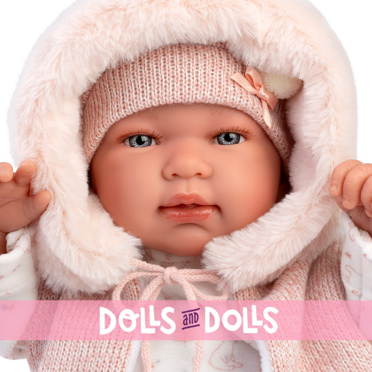 Llorens doll 44 cm - Newborn Crying Tina with pink hooded romper suit