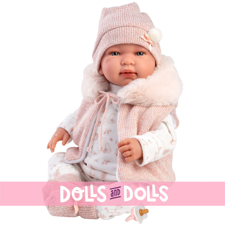 Llorens doll 44 cm - Newborn Crying Tina with pink hooded romper suit