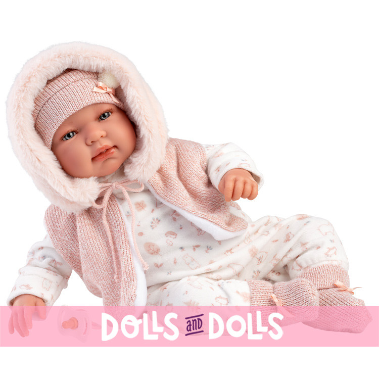 Llorens doll 44 cm - Newborn Crying Tina with pink hooded romper suit