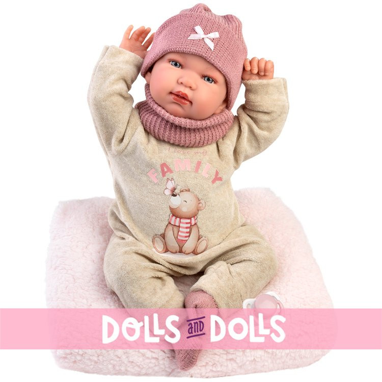 Llorens doll 44 cm - Newborn Crying Tina wearing a beige bodysuit with a bear print