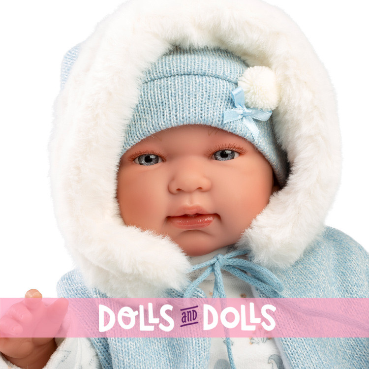 Llorens doll 44 cm - Newborn Crying Tino with blue hooded romper suit