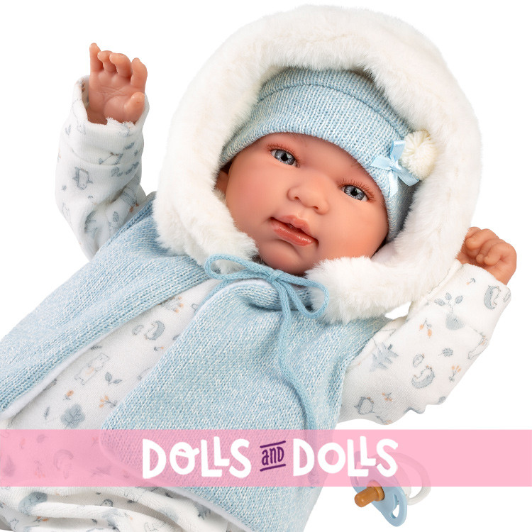 Llorens doll 44 cm - Newborn Crying Tino with blue hooded romper suit