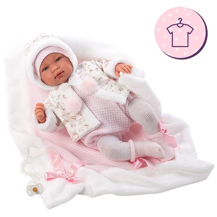 Clothes for Llorens dolls 44 cm - Bunny set with pink romper, jacket, hat, tights, socks and scarf