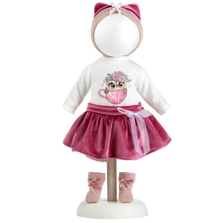 Clothes for Llorens dolls 40 cm - T-shirt with owl design and fuchsia skirt