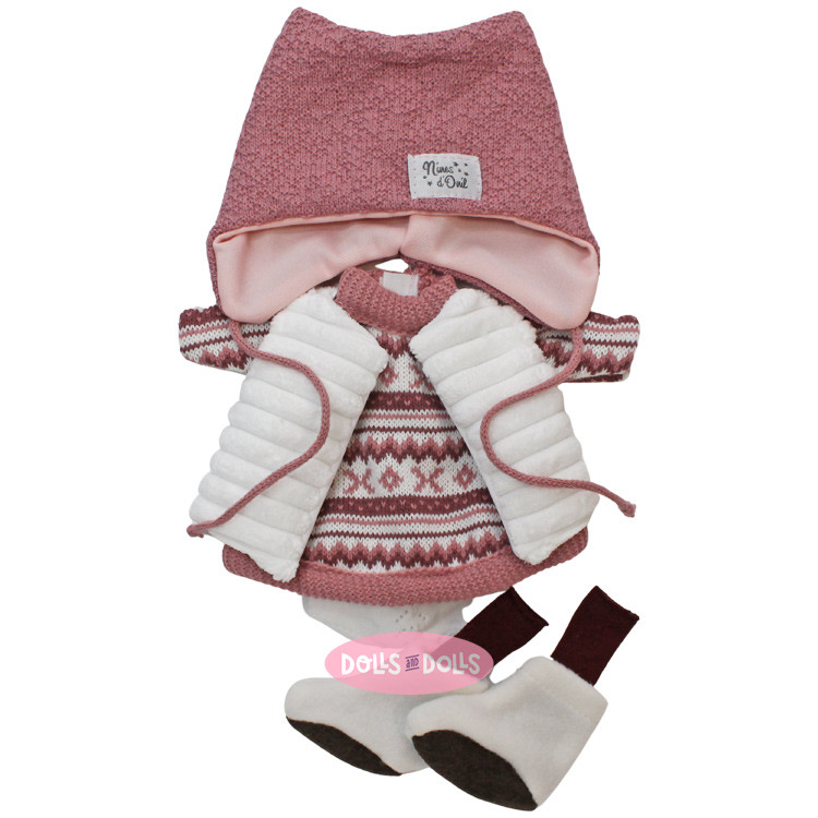 Clothes for Nines d'Onil dolls 30 cm - Mia - Bordered dress with a vest, boots, and a hat
