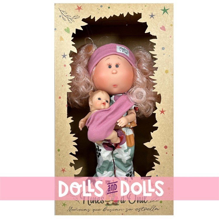 Nines d'Onil doll 30 cm - Mia ARTICULATED - mom with pink hair with nature print dress