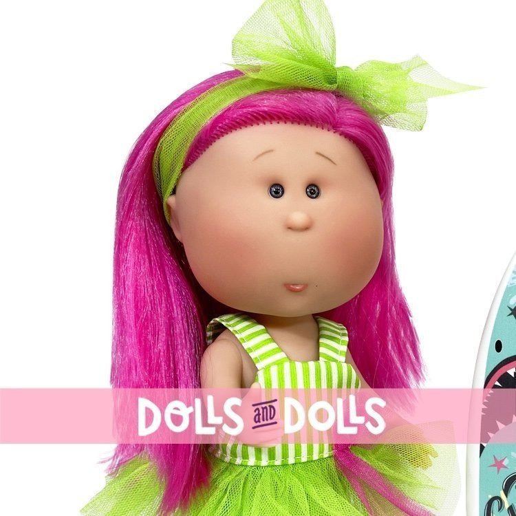 Nines d'Onil doll 30 cm - Mia summer with fuchsia hair and green tulle-striped dress