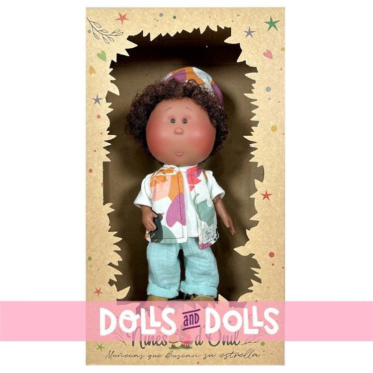 Nines d'Onil doll 30 cm - Mio ARTICULATED - brunet with natural patterned ensemble