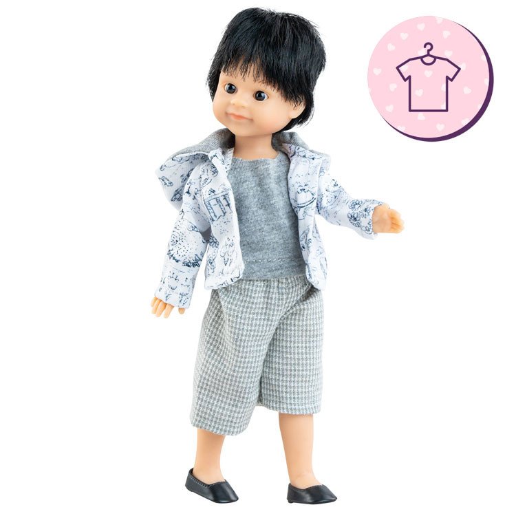 Outfit for Paola Reina doll 21 cm - Las Miniamigas - Adrián - Gray T-shirt and pants and white patterned jacket