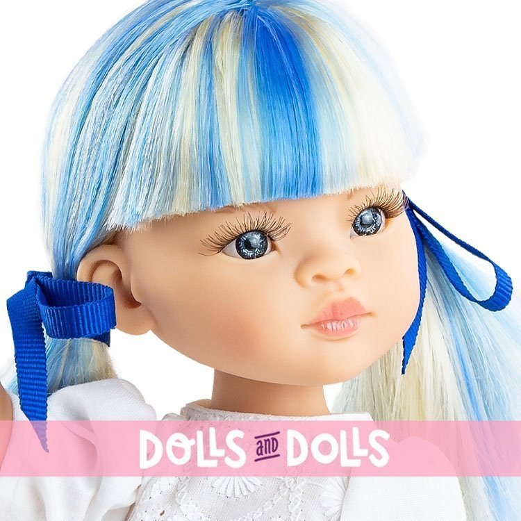 Paola Reina doll 32 cm - Las Amigas Funky - Cassandra in white embroidered dress with blue plaid skirt