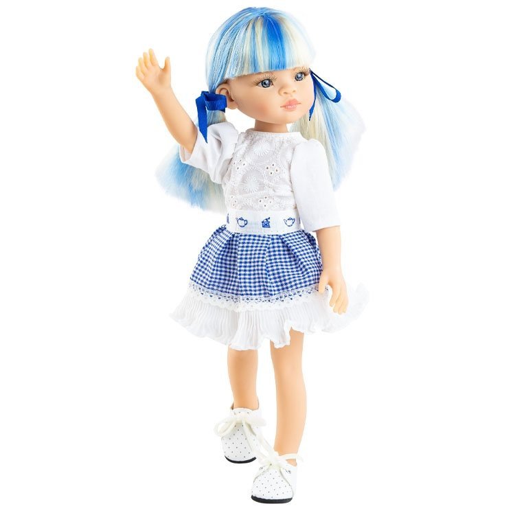 Paola Reina doll 32 cm - Las Amigas Funky - Cassandra in white embroidered dress with blue plaid skirt