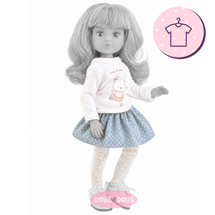 Outfit for Paola Reina doll 32 cm - Las Amigas Articulated - Kim - Printed T-shirt and grey polka dot skirt