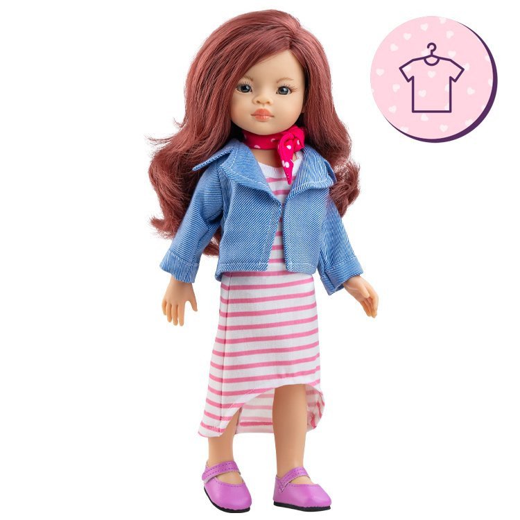 Outfit for Paola Reina doll 32 cm - Las Amigas Funky - Roxana - Pink striped dress and denim jacket