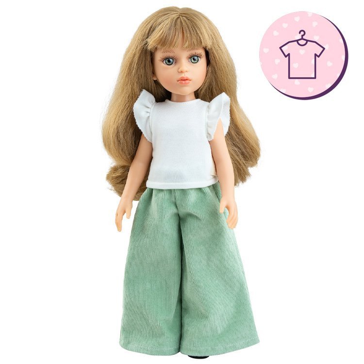Outfit for Paola Reina doll 32 cm - Las Amigas - Kiara - White T-shirt and green wide-leg pants