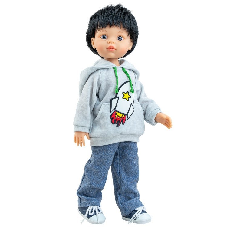 Paola Reina doll 32 cm - Las Amigas - Vicente wearing a gray sweatshirt with a rocket print