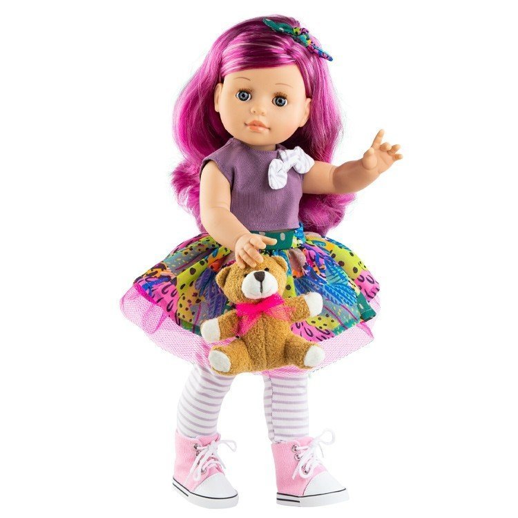 Paola Reina doll 45 cm - Soy tú - Inés with colorful dress and teddy bear