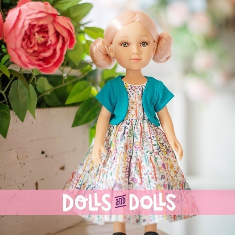 Reina del Norte doll 32 cm - Rosalía with floral print dress and blue vest