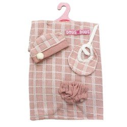 Outfit for Antonio Juan doll 26-27 cm - Pink and white plaid blanket with hat and bib