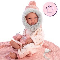 Clothes for Llorens dolls 35 cm - Pink stars print romper with hat and mittens