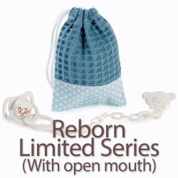 Complements for Reborn and Limited Series (with open mouth) dolls from Así - Pacifier and light blue bag with white stars