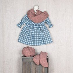 Outfit for Así doll 57 cm - Blue plaid dress and dusty pink wool hat, scarf and boots for Pepa doll